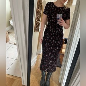 Free People Fitted Maxi dress Black with Pink flowers Size 8
